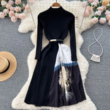 Print Patchwork Women Sweater Dress Half High Collar Rero Sashes Sheath Dress Winter Fashion Knitted A Line Long