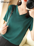 White Satin Top Short Sleeve Women Silk Blouses Vintage T Shirt Summer Solid Gray Satin Blouse Shirts For Women