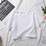 Summer Short Sleeve T Shirts Women Cotton Solid T-shirt O Neck High Waist Crop Top Tee Female Casual Loose T Shirt-Outfit