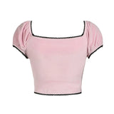 Casual Bow Sexy Fitted Short Sleeve T-shirt Sweet Pink Velvet Cropped Top Girls Tee Y2K Streetwear Contrast-Outfit