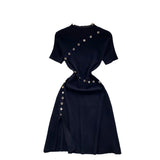 Temperament Half-High Collar Short-Sleeved Dress Female Design Button-Skinny Open Fork Medium Long Knitting
