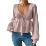 Women Hollow Sweaters Spring Autumn Clothes Knit Tops Solid Color Long Sleeve Drawstring Waist Pullover Sexy Club Knitwear-Outfit