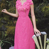 Red Vintage Flower Dress Women V-neck Sleeveless A-line Elegant Bodycon Dress Ladies High Waisted Design Prom Vestido