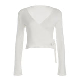 Casual Wind And Velvet Knit Two Sets Of Sexy V-Neck Tied T-Shirt Loose Waist Loose