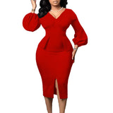 Women's V-Neck Bubble Bubble Sleeve Open Fork Dress Office Pencil Dress African