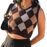 Y2K Sleeveless Autumn Sweater Pullover Casual Plaid Knitted 90s Knitted Crop Sweaters Casual Autumn Preppy