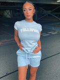 Streetwear Summer 2 Piece Sets Women Outfits Short Sleeve Top Baggy Shorts Suits Blue Pink Tracksuit Women Matching