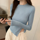 Collar Solid Color Forked Long-Sleeved Blouse Autumn And Winter New Spicy Girls Short Style Slim Irregular Long-Sleeved T-Shirt-Outfit