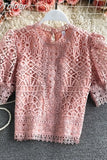 Mujer De Moda 2023 Vintage Puff Sleeve Blouses Hollow Out Crochet Floral Crop Tops Korean Summer Elegant Lace