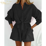 Fashion Long Sleeve Shirts Two Piece Sets Womens Outifits Casual Loose Blue Shorts Set Female Elegant Chic Shorts