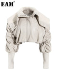 Beige Pleated Big Size Warm Cotton-padded Coat Long Sleeve Loose Fit Women Parkas Fashion New Autumn Winter 2022