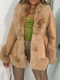 Fur Patchwork PU Leather Jacket Women Fashion Contrast Color Plush Collar Winter Warm Cardigan with Belt Outwear 2023-Outfit