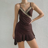 Lace Trim Shiny Y2K Mini Dress Cute Insta Outfits Sleeveless V Neck Sexy Sundress Irregular Pleated Hem Kawaii