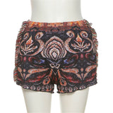 Sisterlinda Retro Print Casual Graphic Shorts Women Fashion Summer Side Tassel Patchwork Skinny Bicker Shorts Streetwear