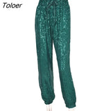 Sequin Sequin Drawstring Casual Pants 2023 Fashion New High Waist Ladies Lace-up
