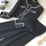 New Autumn Korean Color Block Round Neck Double Pocket Knit Cardigan Top + Loose Wide Leg Pants Two-piece Pants Women