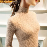 Lace Bottoming Shirt Women's 2022 Autumn And Winter Korean Plus Velvet Lace Sweater With Half-Collar Hollow Princess