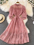Vintage Women Lace Dress Spring Summer Elegant Stand Collar Puff Sleeve High Waist Party Vestidos Female Runway Robe 2022