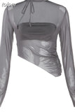 Asymmetric Square Neck Long Sleeved Tops Y2k Streetwear Hollow Out Mesh See Through Sexy T Shirts Women