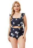 High-Waisted Skulls Print Ruffles Plus Size Two Piece