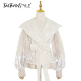 Patchwork Print Embroidery Women's Shirt Lapel Collar Lantern Sleeve Tunic Lace Up Elegant Shirts Female 2022