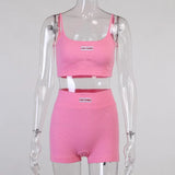 Solid Letter Label Women's Two Pieces Set Knitting Ribbed Gym Casual Crop Camisole & Shorts Active Tracksuit