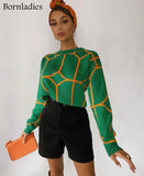 Block Y2k Green Black Sweater Women Causal O-neck Oversize Pullover Autumn Winter Knit Long Sleev Soft Jumper