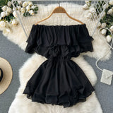 Ruffled Elastic Solid Mini Dress Chic Women Summer 2022 Slash Neck Ruched Elegant Vacation Ladies A Line Beach