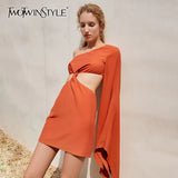 Orange Sexy Dress For Women Diagonal Collar Cloak Long Sleeve One Shoulder Off Hollow Out Mini Dresses Female
