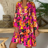 Bohemian Women Dresses Summer Long Sleeve Button Loose Mini Dress Big Swing Boho Dress Printed