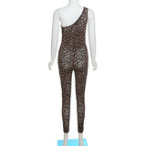 Leopard Print Mesh Skinny Jumpsuit Women One Shoulder Sleeveless Patchwork Fitness Party Activewear Basic Wild Female