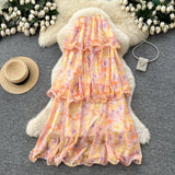 Luxury Elegant Dress Women's Fashion Collar Double Buckle Waist Long Sleeve Splicing Print 100 Folds Long