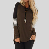 Fashion Women Summer Long Sleeve Patchwork Shirt Ladies Round Neck Loose Casual Solid Tee Shirts