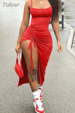 Color Spaghetti Strap Ruched Drawstring Long Party Dress Women 2023 Summer Low Neck Sleeveless Side High Split Prom