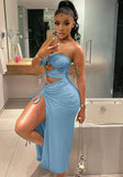 Blue Sexy Off-the-shoulder Hollow Out Slit Long
