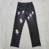 New Crowne Loose Printed Jeans Cross Leisure Straight Tube Loose White Washed Trousers-Outfit