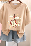 100% Cotton M-6XL T Shirt Chinese Lute Print Tshirt Short Sleeve Women's Top Summer Couple V Neck Oversized T