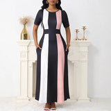 Women's Clothing New Temperament Fashion Hit-Colored Dress Short-Sleeved Skirt Large