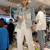 2021 Autumn New Women Denim Jackets Korean Turn-Down Collar Long Sleeve Pearls Embroidery Coats Patchwork Chic