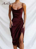 Women Summer dress Satin Party Dress Black V-Neck Hight Side Split Sexy Mini Dress women's dress Dresses robe Club