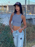 Summer Streetwear Top Women 2022 Sleeveless White Print Embroidery Crop Top Fashion Club Black Blue O Neck Tank Top