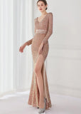 Winter Elegant Deep V Neck Long Sleeve Slit Cocktail Eevening