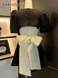 Patchwork Bowknot Dress For Womens Square Collar Puff Sleeve High Waist Mini Dresses Female Summer Clothing