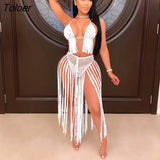Summer Knit Hollow Out Bra Skirt Set Two Piece Set Beach Tassel Swimwear Summer Outfits Holidays Sexy Bodycon