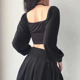 Women Y2k Chains Dark Black Gothic Zipped Tops Women Sexy Off Shoulder T-shirts Clubwear Long Sleeve Crop Tops
