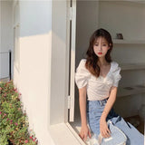 Women Summer Purple Solid V-neck Ruched Design Crop Top Elegant Korean Style Chic Female Sexy Cute Daily Trendy