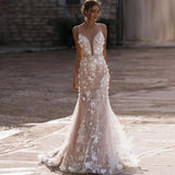 party dress gift 2022 Vintage Mermaid Wedding Dresses Sexy V-neck 3D Flowers Lace Appliques Bride Dress Backless Tulle Wedding Gowns Vestido De