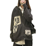Womens Street Brown Graffiti Print Zip Vintage Tops Hoodie Sweatshirts Hoodies Kawaii Blouse Grunge Y2k Coats Autumn