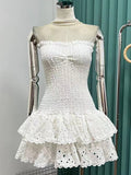 Off Shoulder Strapless Dresses For Women Sleeveless Embroidery Hollow Out Patchwork Ruffles Mini Dress Female
