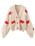 Retro Hand Made Crochet 3D Mushroom Ball Cardigan Vintage Woman V neck Long sleeve Purple Knitting Sweater Knitwear Jumper-Outfit